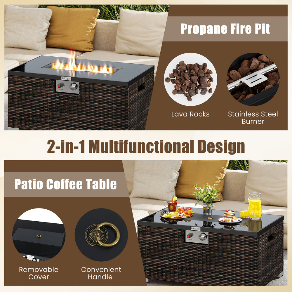 32-inch rectangular gas fire pit with brown PE rattan, black tempered glass top, and multifunctional coffee table.