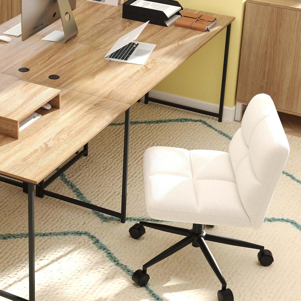 Ergo Comfort office chair in white with adjustable height, paired with a versatile L-shaped desk for smart workspace.