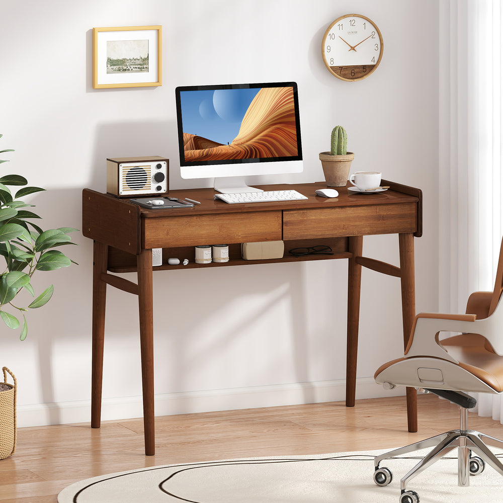 Bamboo Writing Desk with 2 Storage Drawers and Open Shelf-Walnut - Gallery View 1 of 10