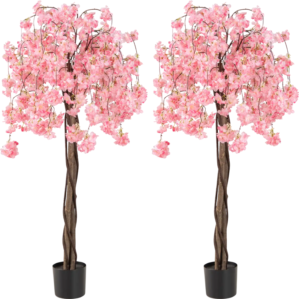 5.5 FT tall artificial cherry blossom tree with pink flowers, featuring a drooping design and real wood trunk for.