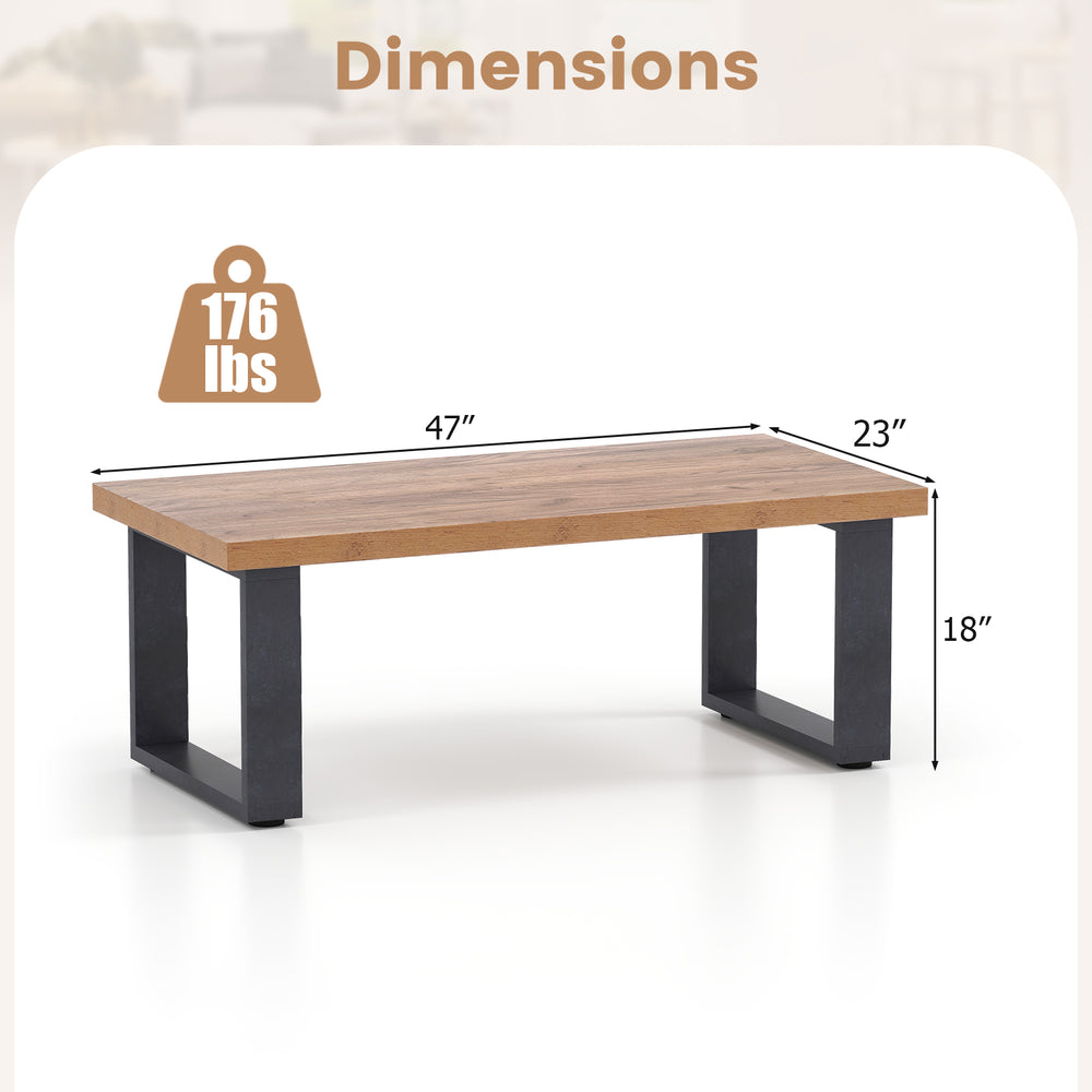Rustic 47" coffee table with thickened oak tabletop, sturdy black legs, ideal for living room decor and convenience.