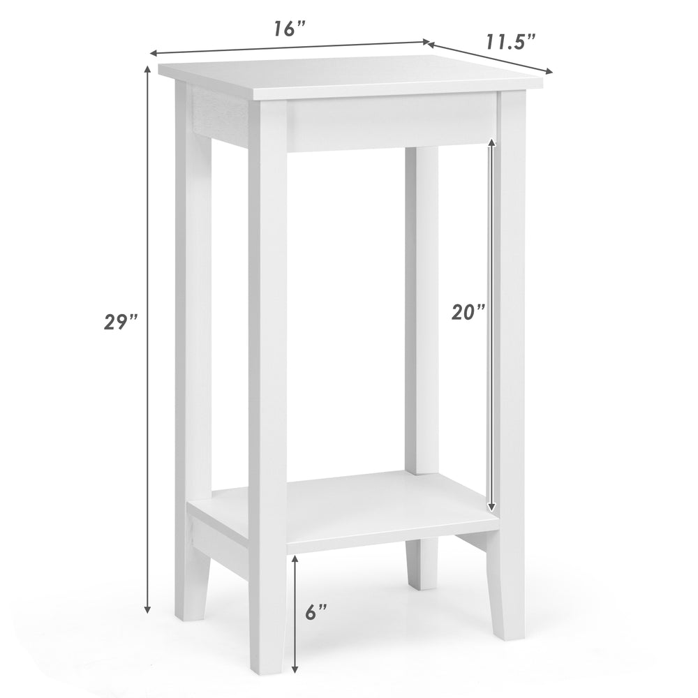 White 2-tier end table with solid wood legs, featuring a storage shelf, ideal for bedside or sofa side use.