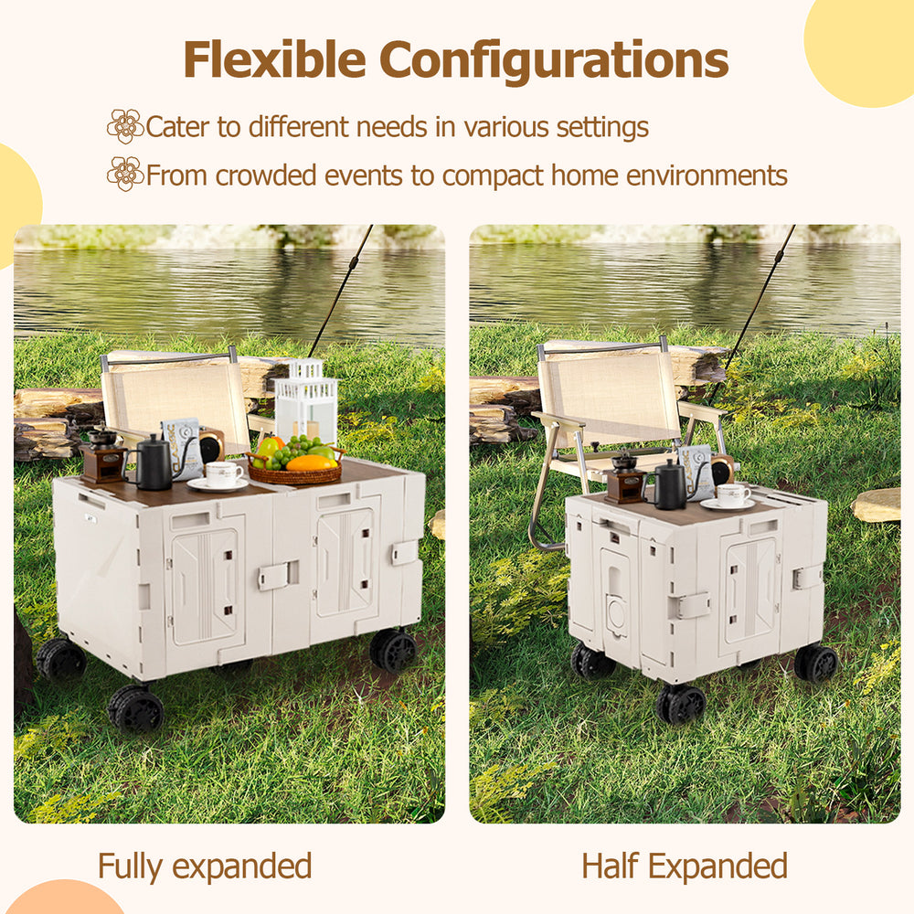 Large foldable utility cart in white, fully expanded with two-tier storage crates and adjustable handle for versatile.