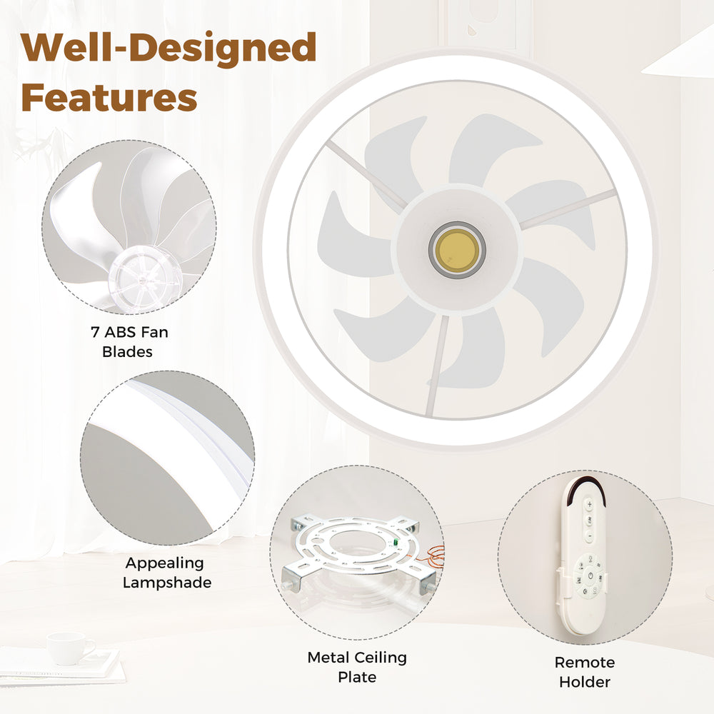 Close-up of the 19-inch ceiling fan's ABS fan blades and appealing lampshade, ideal for low-profile installation.