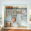 Closet organizer system with 7 shelves and 5 hanging rods, designed for 4-8 FT walls, ideal for laundry or bedroom.