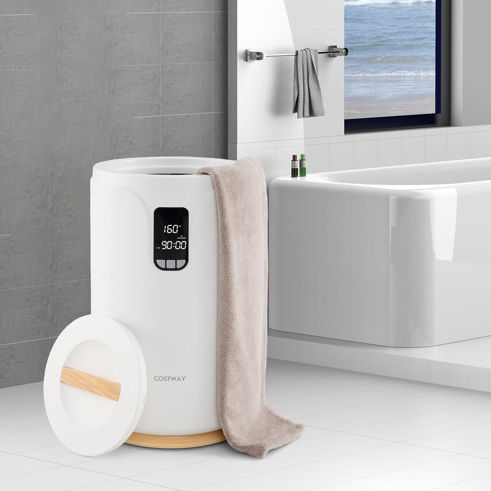 20L hot towel warmer bucket in white with LCD display, holding a towel, ideal for spa-like relaxation at home.