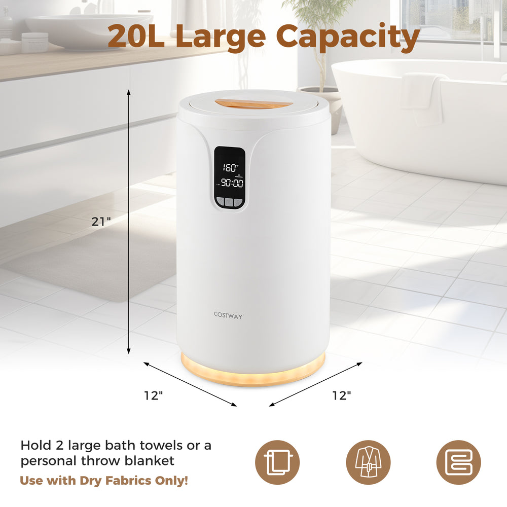 20L hot towel warmer bucket in white, featuring an LCD display and ambient light, ideal for warming towels and blankets.