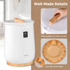 Heated towel warmer with removable lid and bamboo handle, featuring LED display and anti-slip foot pads for safety.