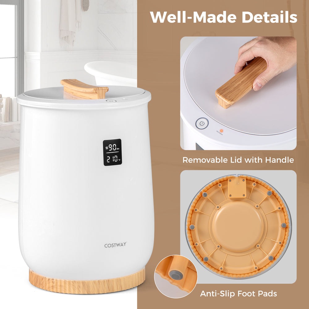 Heated towel warmer with removable lid and bamboo handle, featuring LED display and anti-slip foot pads for safety.