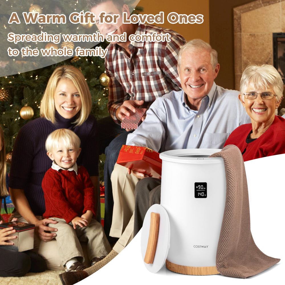 20L heated towel warmer in white with LED display, perfect for family use and customizable warming experience.