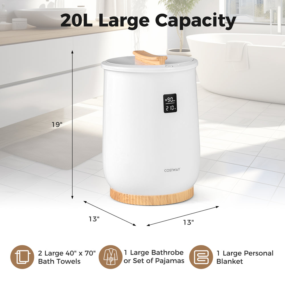 20L large heated towel warmer in white with LED display, compact design, perfect for family use and customizable.