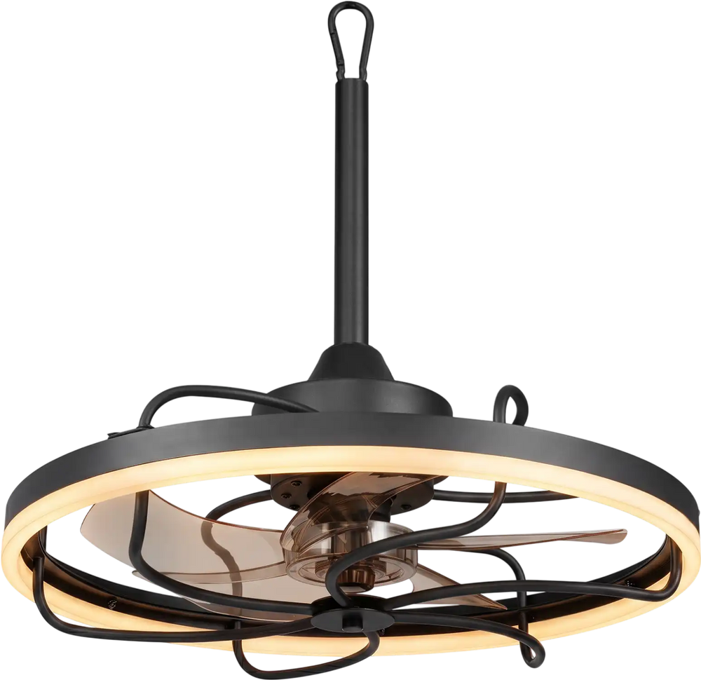 20” black ceiling fan with dimmable LED light, 6 speeds, remote control, and reversible design for year-round comfort.