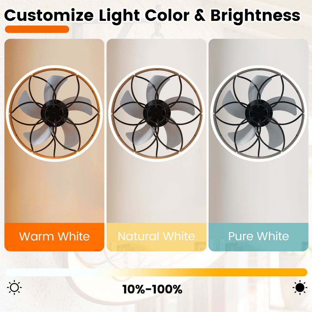 20” black ceiling fan with dimmable LED light, featuring 6 speeds and customizable brightness for year-round comfort.