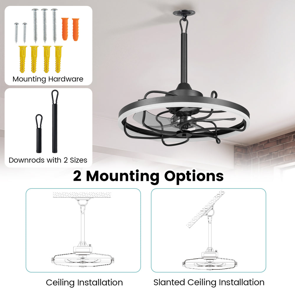 20” black ceiling fan with dimmable LED light, 6 speeds, and two mounting options for versatile installation.