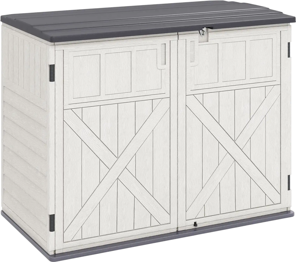 Horizontal resin storage shed in white with adjustable shelf, padlock latch, and step-on lock for outdoor organization.