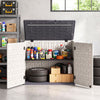 Horizontal resin storage shed with adjustable shelf, featuring a padlock latch and ample space for tools and.