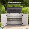 Horizontal resin storage shed with adjustable shelf, 20 cu.ft capacity, ideal for garden tools and pool accessories.