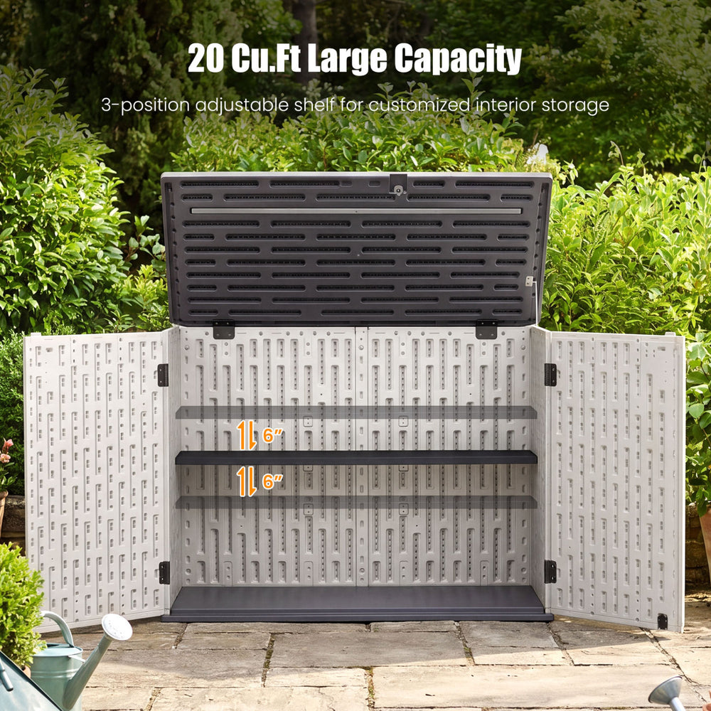 Horizontal resin storage shed with adjustable shelf, 20 cu.ft capacity, ideal for garden tools and pool accessories.