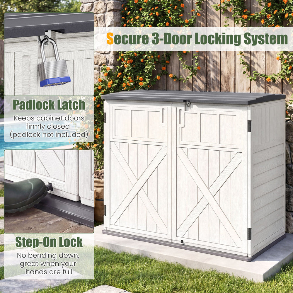 Horizontal resin storage shed with padlock latch and step-on lock, ideal for garden tools and outdoor accessories.