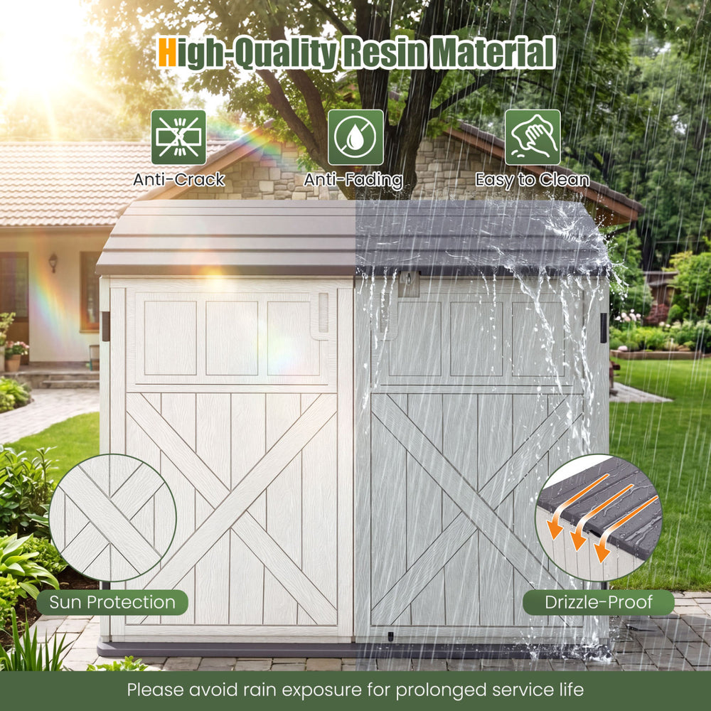 Horizontal resin storage shed in white with adjustable shelf, anti-crack, drizzle-proof, ideal for outdoor use.
