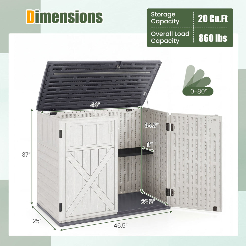 Horizontal resin storage shed with adjustable shelf, 20 cu.ft capacity, padlock latch, and durable white finish.