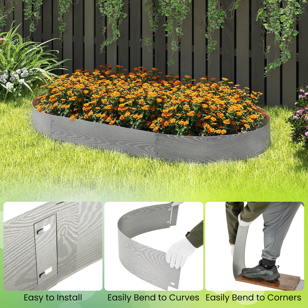 Galvanized metal landscape edging in a curved shape, ideal for garden beds, easy to install, and rustproof.