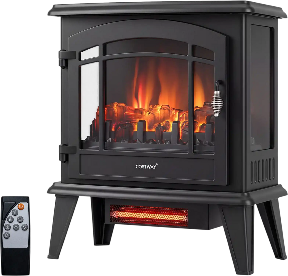Freestanding black electric fireplace stove with 3D flame effect, remote control, and 1400W heating for cozy warmth.