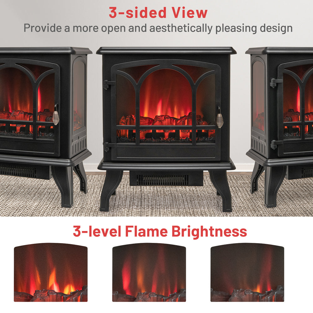 1400W electric stove heater with 3-sided view and 3-level flame effect, perfect for cozy living room ambiance.