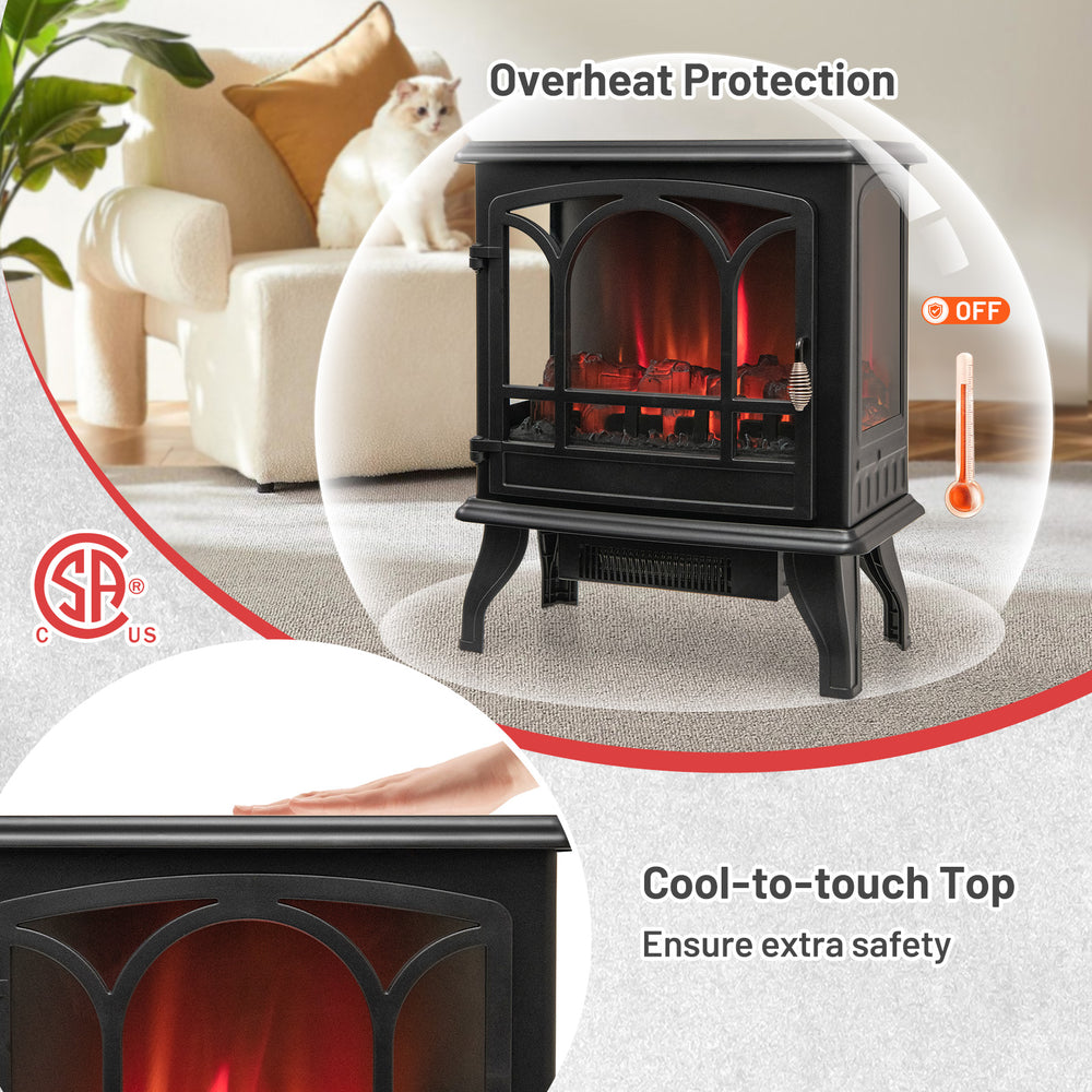 Electric stove heater in black with 3-sided view, featuring adjustable temperature and overheat protection for safety.