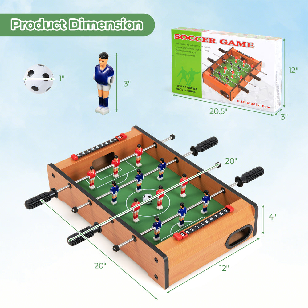 20-inch indoor soccer table with strong wood construction, solid steel rods, and 12 players for competitive gameplay.
