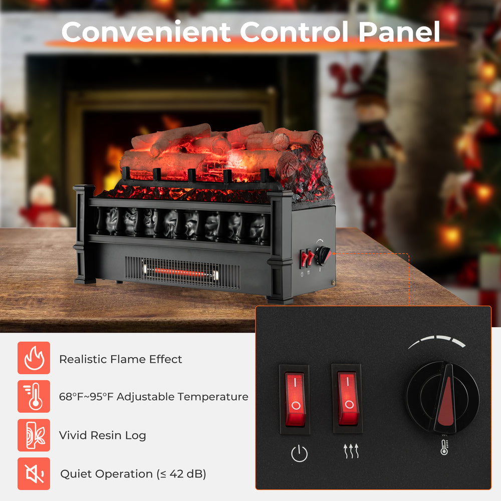 Electric fireplace heater with realistic birchwood ember bed, featuring a convenient control panel for adjustable.