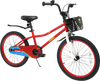 20-inch red kids bike with adjustable seat, kickstand, storage basket, and hand brakes for ages 8 and up.