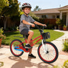 20-inch red kids bike with adjustable seat, kickstand, and storage basket, designed for children aged 8 and up.