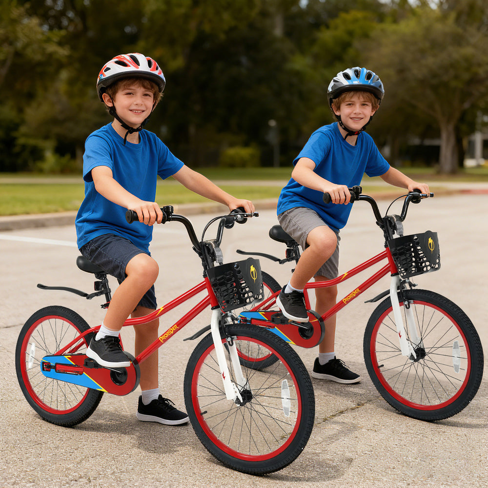 Two kids riding 20-inch red bikes with adjustable seats, kickstands, and storage baskets for ages 8 and up.