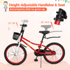 20-inch red kids bike with adjustable seat and handlebar, kickstand, and storage basket for ages 8 and up.