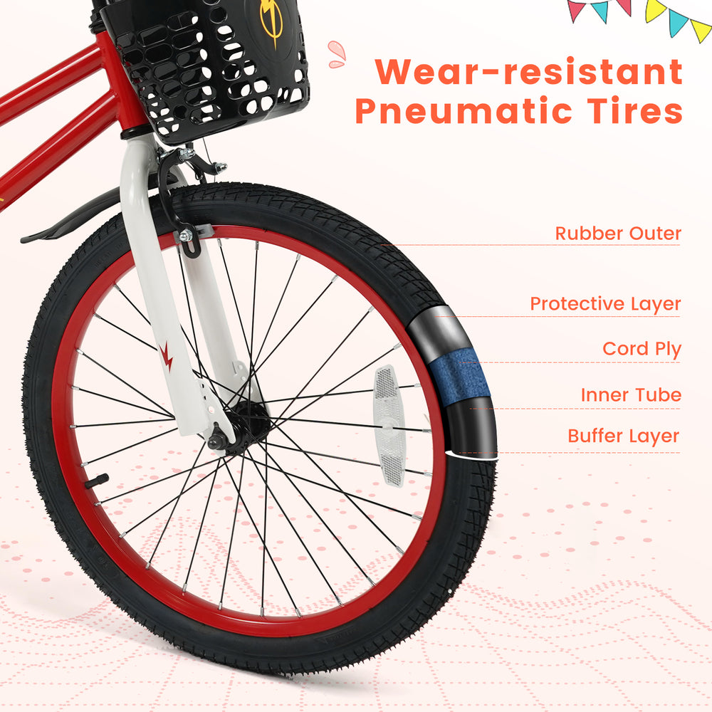 Wear-resistant pneumatic tire detail for 20-inch kids bike, featuring rubber outer and protective layers for durability.