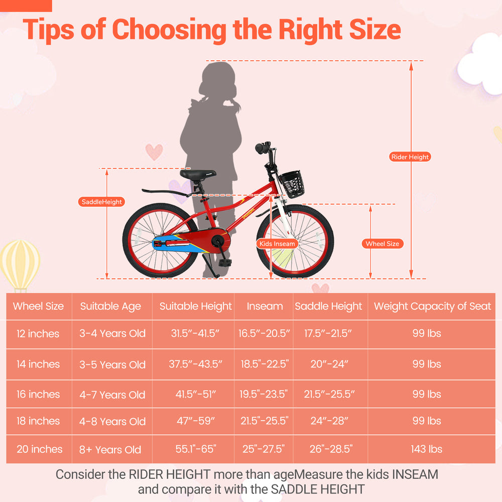 Height-adjustable handlebar and seat of a 20-inch red kids bike for ages 8+, promoting comfort and growth.