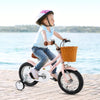 12-inch kids bike in pink with adjustable seat, training wheels, and wicker basket, perfect for ages 3-8 years old.