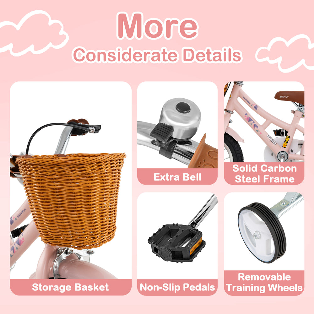 Storage basket and extra bell on the 12-inch kids bike, featuring a sturdy carbon steel frame for ages 3-8.