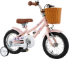 12-inch pink kids bike with adjustable height, basket, training wheels, and dual braking system for ages 3-8 years.