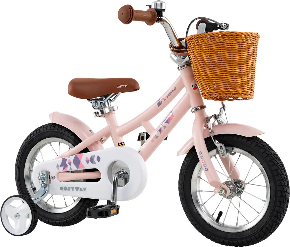 12-inch pink kids bike with adjustable height, basket, training wheels, and dual braking system for ages 3-8 years.
