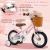 12-inch kids bike in pink with adjustable seat and handlebar, featuring a basket and training wheels for ages 3-8.