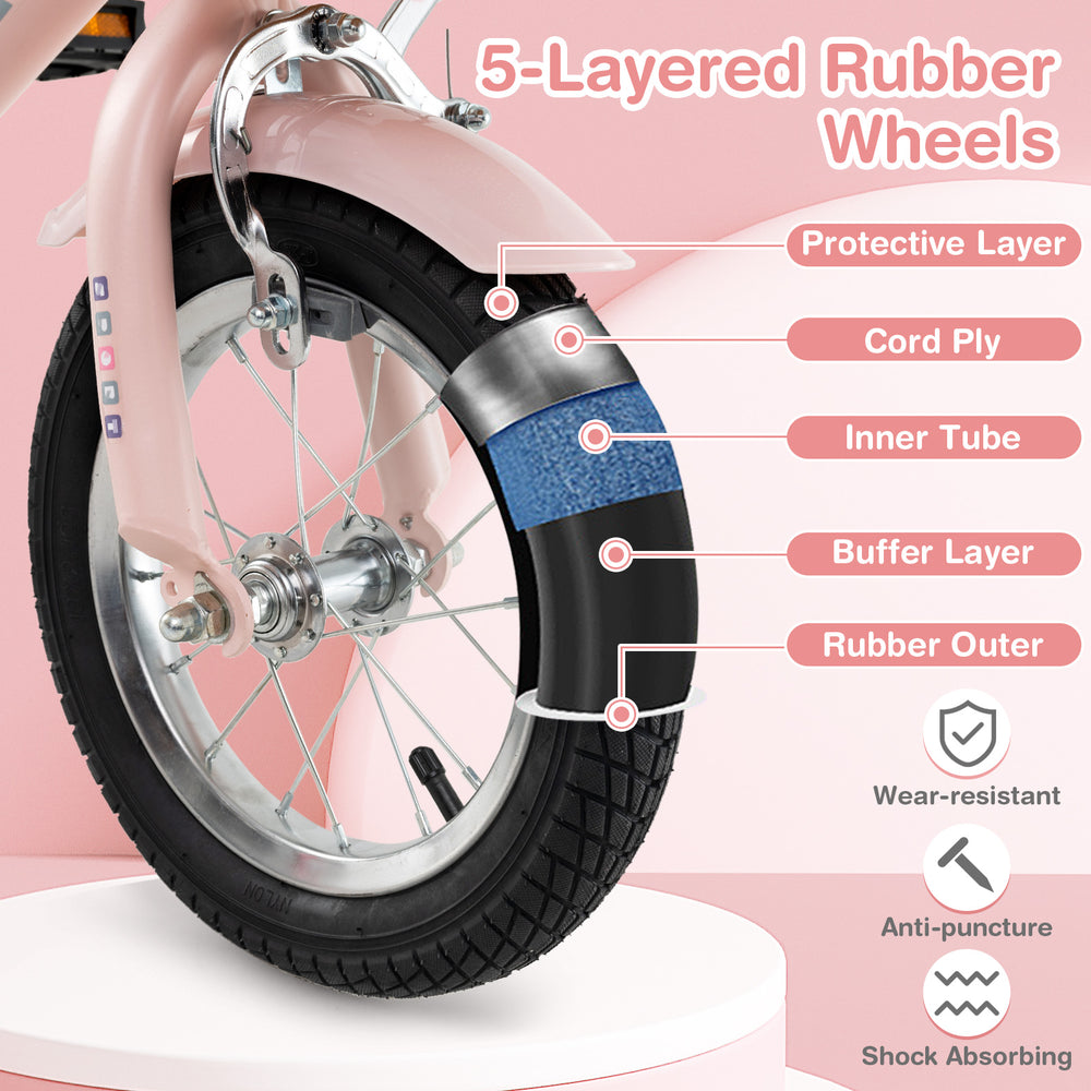 Close-up of the 12-inch kids bike's 5-layered rubber wheels, featuring wear-resistant and shock-absorbing design.