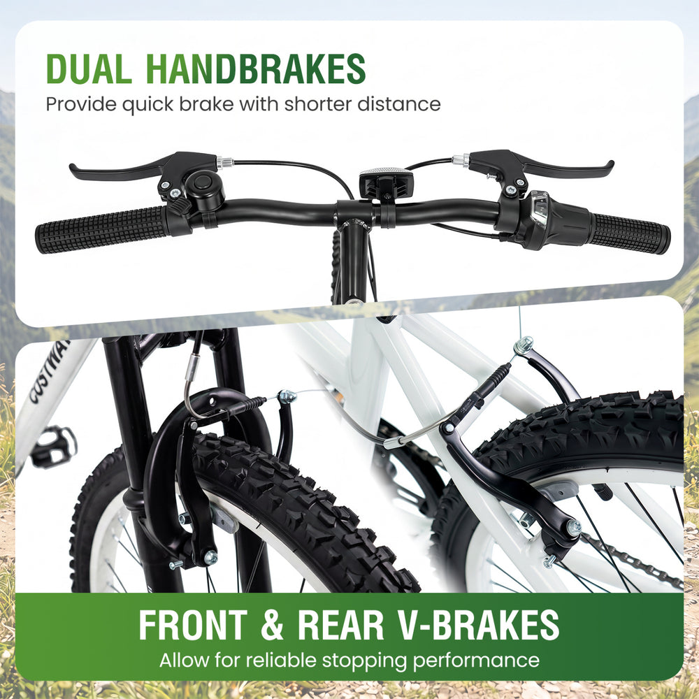 Dual handbrakes and front & rear V-brakes provide reliable stopping performance on the 20-inch kids mountain bike.