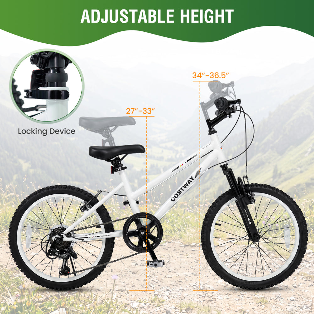 20-inch kids mountain bike in white with adjustable seat height, 7-speed derailleur, and anti-slip tires for safe riding.