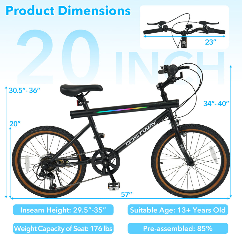 20-inch black LED-lit cycling bike with 6-speed shifting, wireless speakers, and ambient lights for men and women.