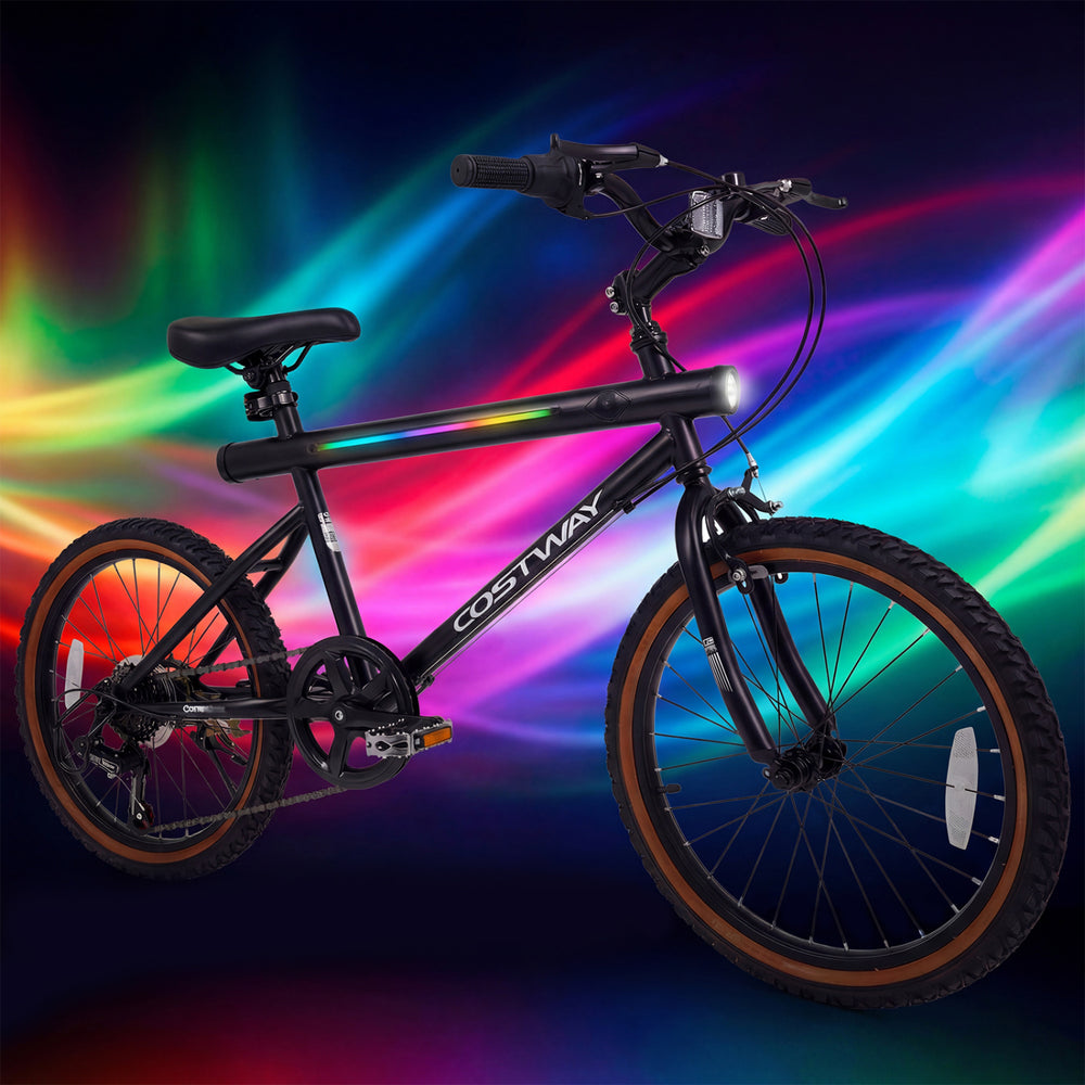 20-inch black LED-lit cycling bike with speakers, 6-speed shifting, and ambient lights for men and women.