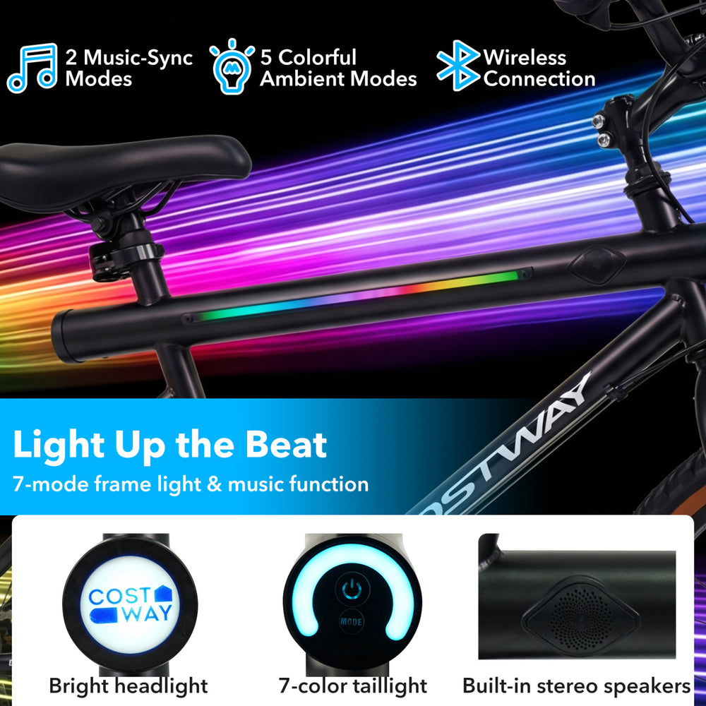 20-inch LED-lit bike with 7-mode frame light, wireless speakers, and bright front light for enhanced visibility and fun.