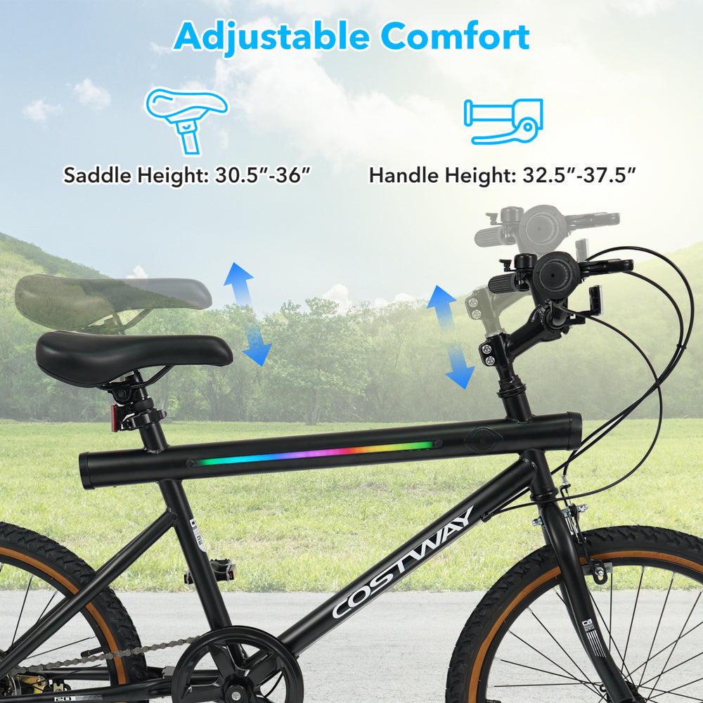 20-inch black cycling bike with adjustable saddle and handlebar heights for optimal comfort and visibility during rides.