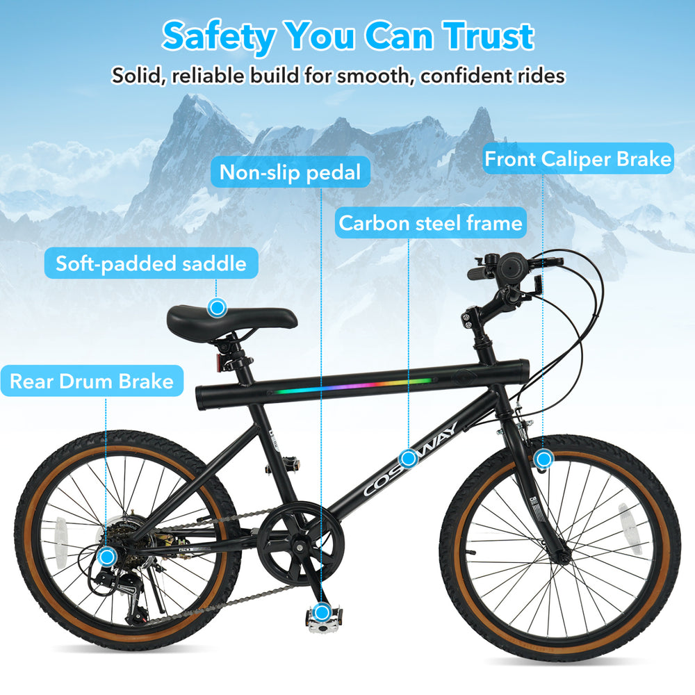 20-inch black cycling bike featuring a carbon steel frame, front caliper brake, and soft-padded saddle for comfortable.